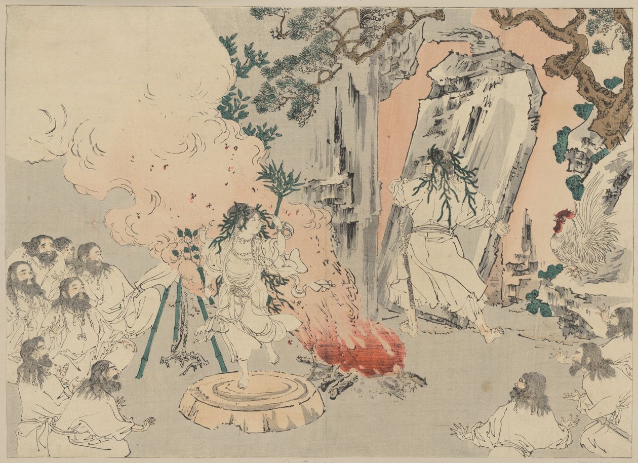 La condesa Kami baila para atraer a la diosa del sol Amaterasu fuera de su cueva, c.1890 de . .