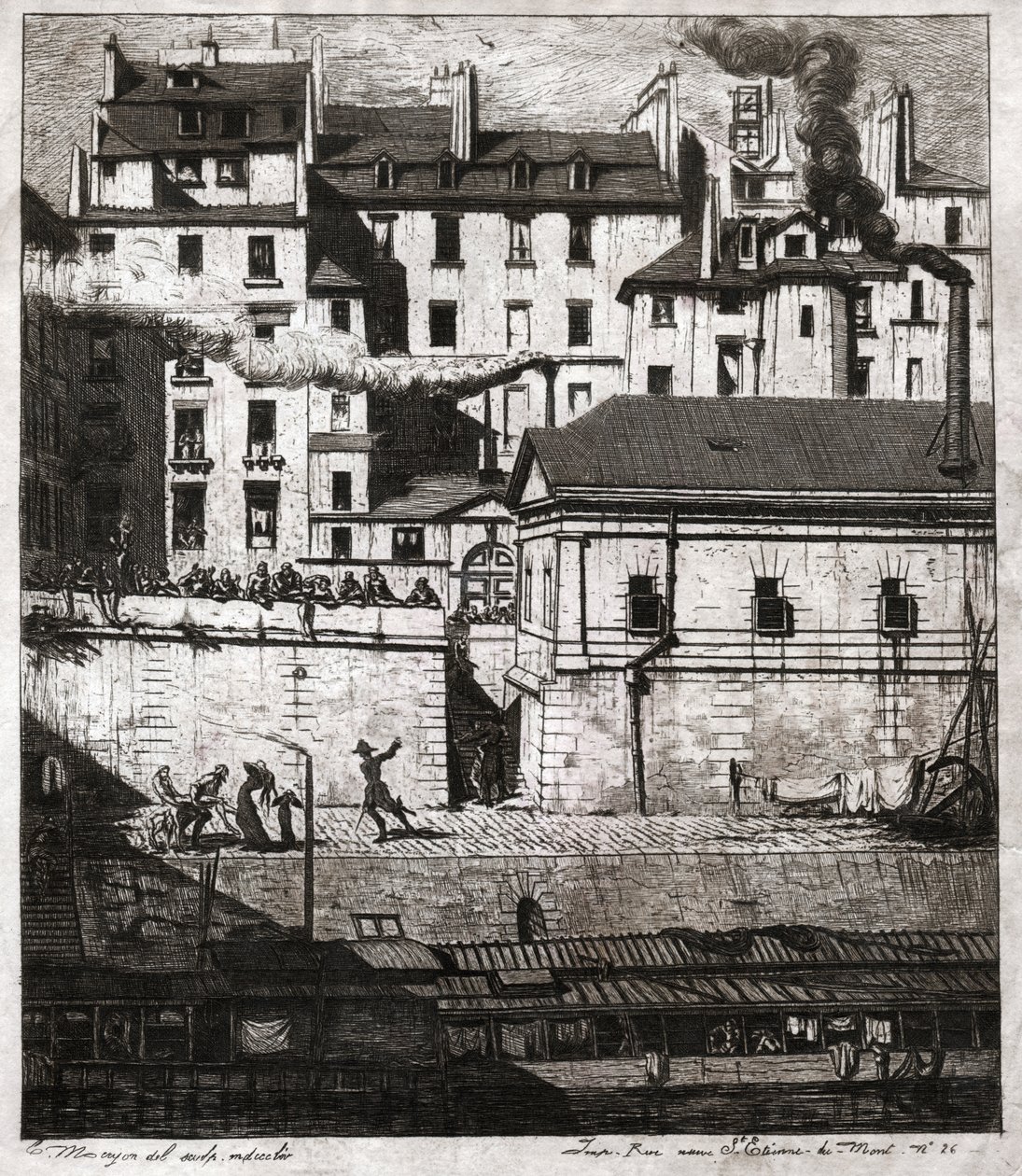 Escena del crimen con intervención policial en los muelles de París. circa 1860 (grabado) de . .