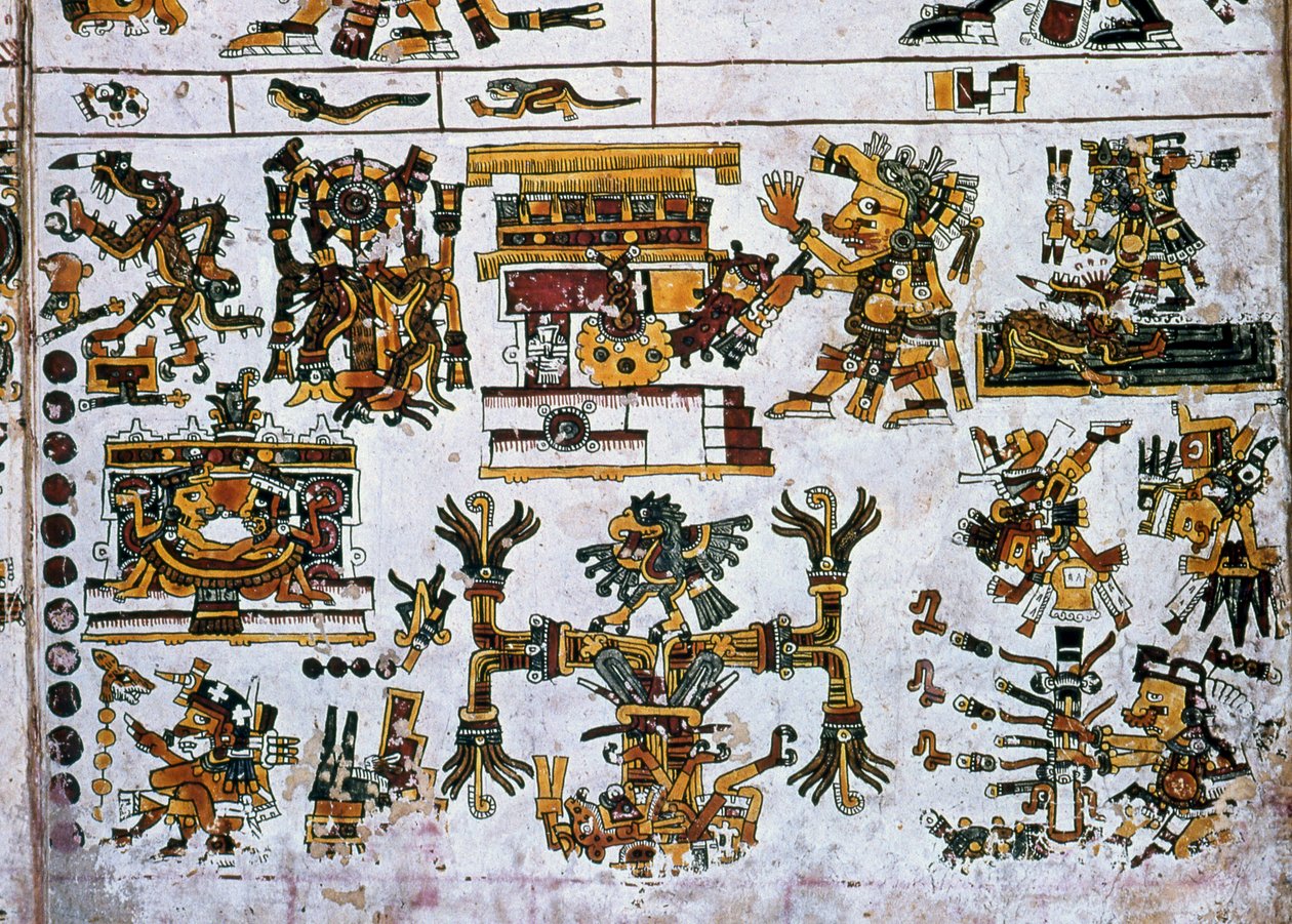 Detalle de una copia facsímil de una página del Códice Borgia mostrando las cuatro direcciones y el centro (litografía en color) de Hippolyte Lalaise Devéria
