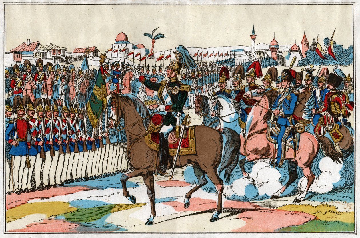 El emperador Alejandro II revisa sus tropas antes de la declaración de guerra a Turquía (1877), circa 1880 de . .