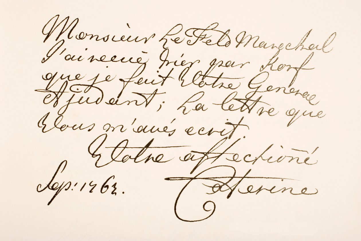 Muestra de escritura a mano de la Emperatriz Catalina II de Rusia, conocida como Catalina la Grande de Ferdinand Georg Waldmuller