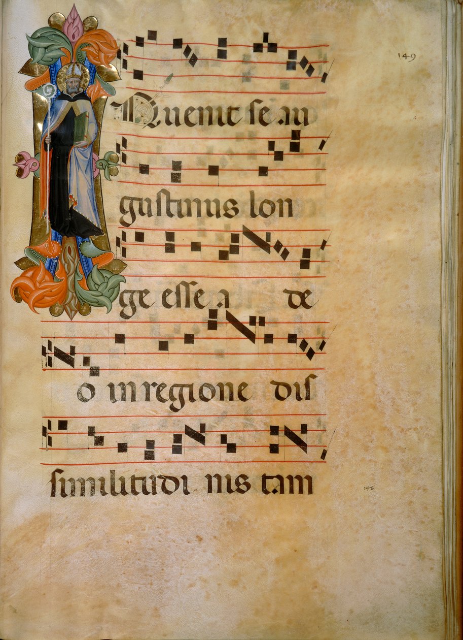 Inicial iluminada con la figura de San Agustín (Corale 19, c. 149), obra de Silvestro dei Gherarducci para el libro de coro 19 de Santa Maria degli Angeli conservado en la Biblioteca Medicea Laurenziana en Florencia de Henry Charles Fehr