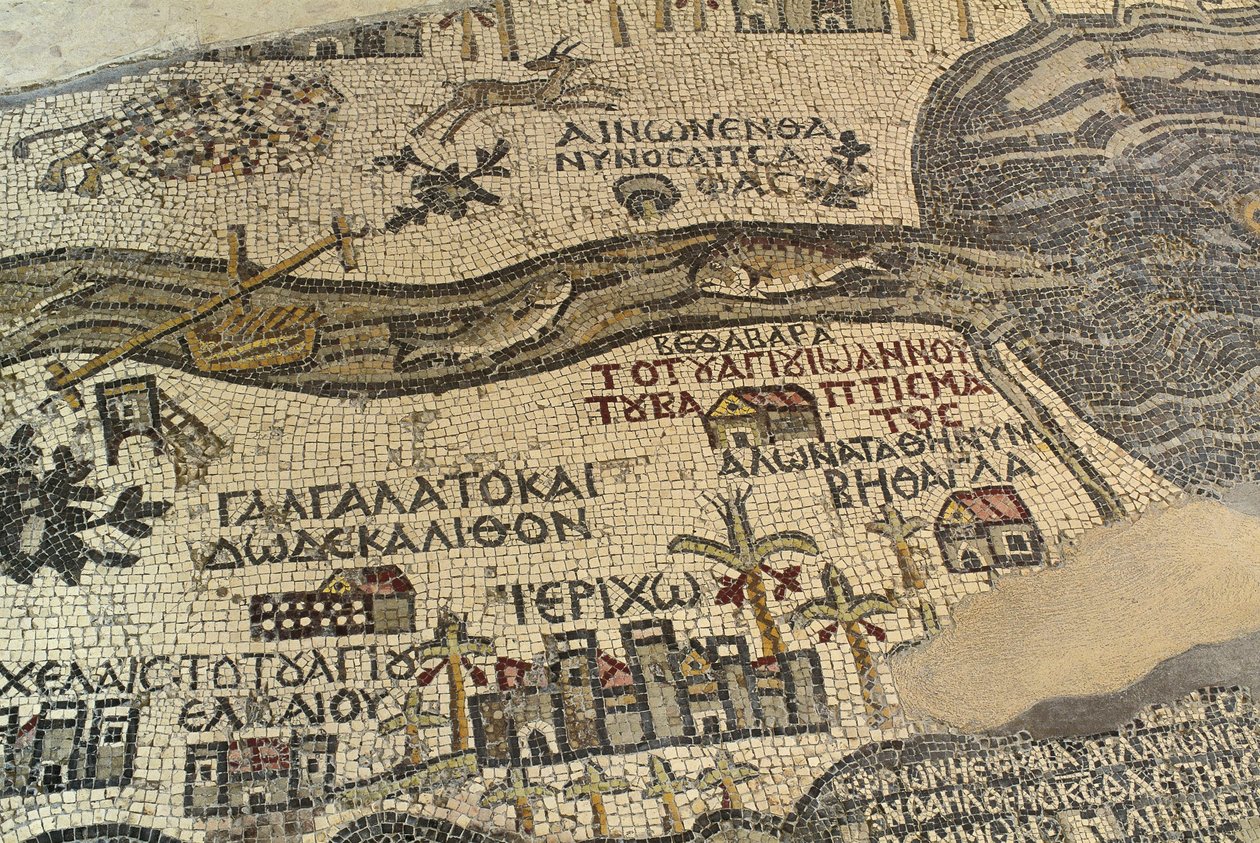 Jericó y sus alrededores, incluyendo el río Jordán y el Mar Muerto, detalle del mapa de Tierra Santa, mosaico del suelo, ca. 560 d.C., ábside de la Basílica de San Jorge, Madaba, Jordania, civilización bizantina, siglo VI d.C. de School Lebanese