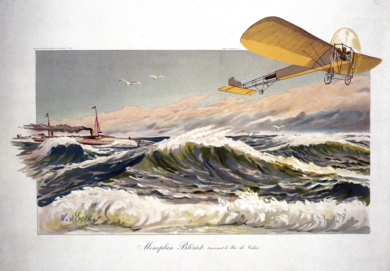 Louis Blériot (1872-1936), aviador francés, cruzando el Canal de la Mancha el 25 de julio de 1909, a bordo de su monoplano "Blériot XI" de Ferdinand Georg Waldmuller