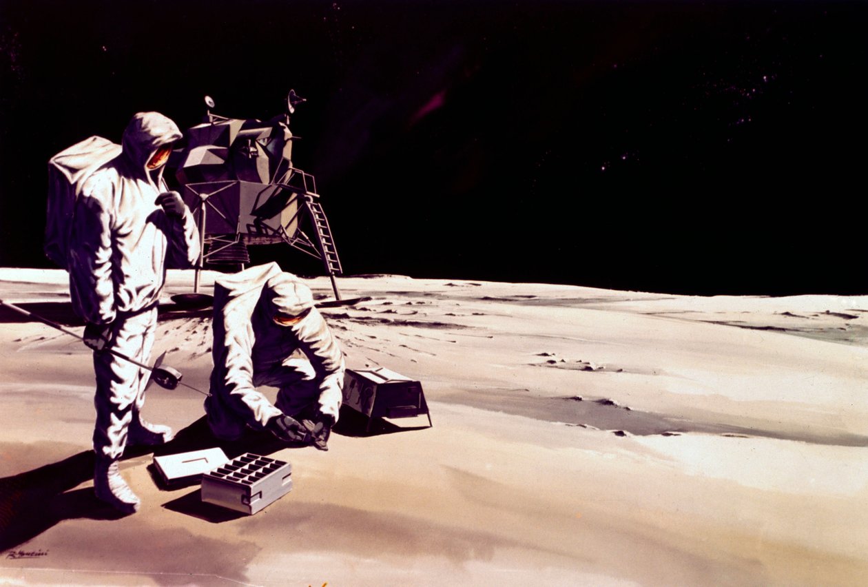 Vuelo espacial tripulado, EE.UU., Apollo, General Impresión artística de astronautas trabajando en la Luna de Ferdinand Georg Waldmuller