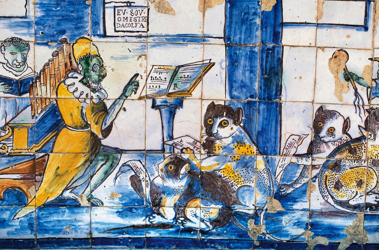 Lección de música, con gatos y ratones antropomórficos, azulejos, jardines del Palacio del Marqués de Fronteira de William Walcutt