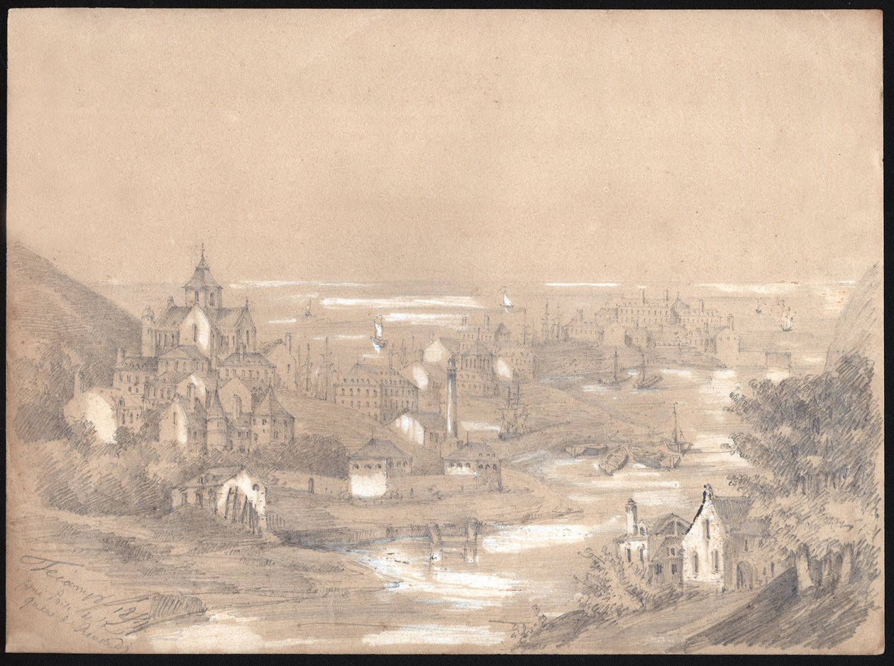 Panorama de la ciudad de Fecamp, Normandía. 1841 (dibujo) de . .