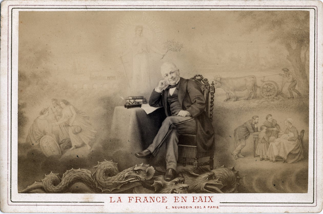 Comuna de París: Francia en paz retrato de Louis Adolphe Thiers (1797-1877) sentado en el dragón probable símbolo de la comuna de Frederick (attr. to) Barnard