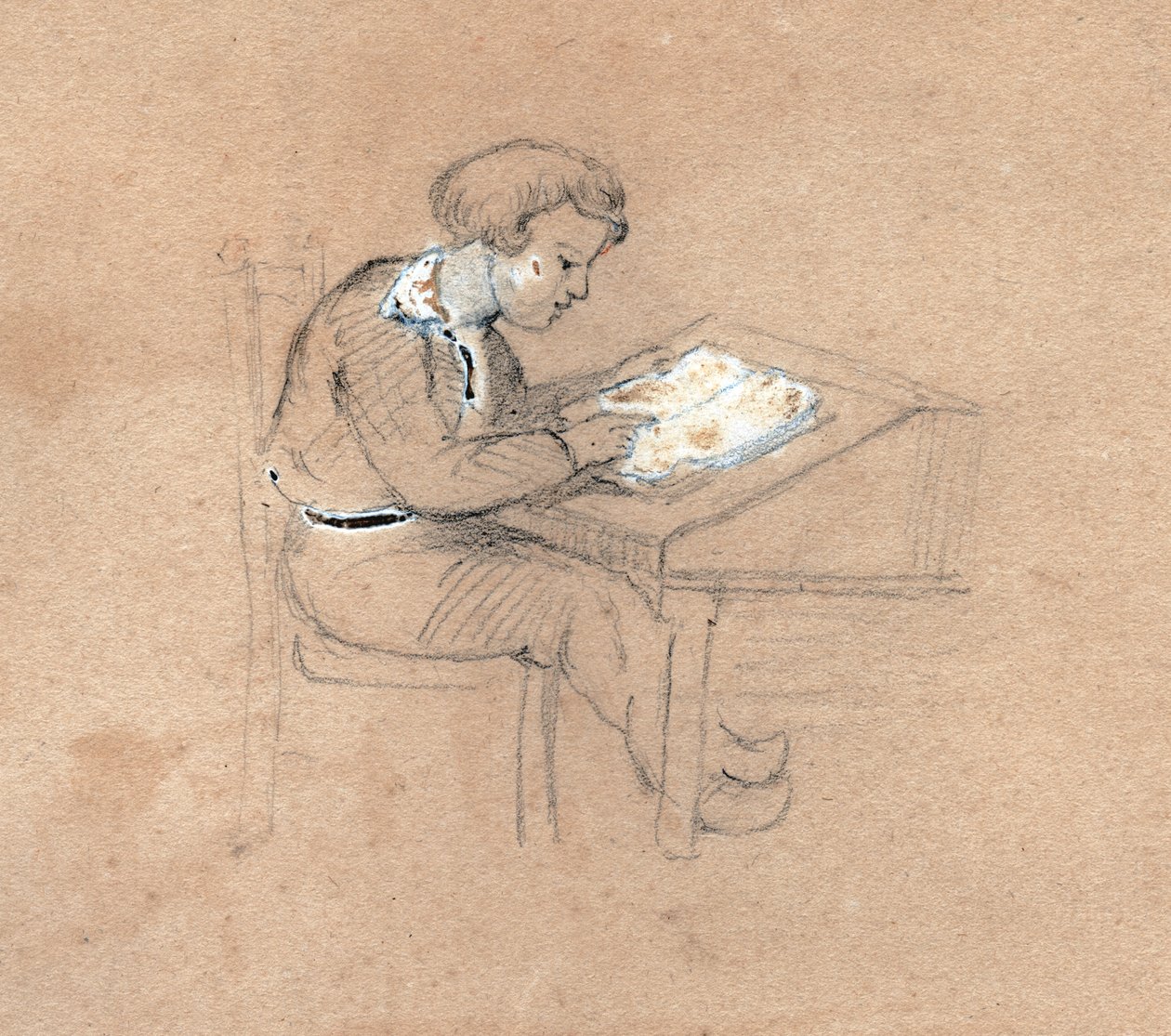 Escolar trabajando en su escritorio. circa 1830 de . .