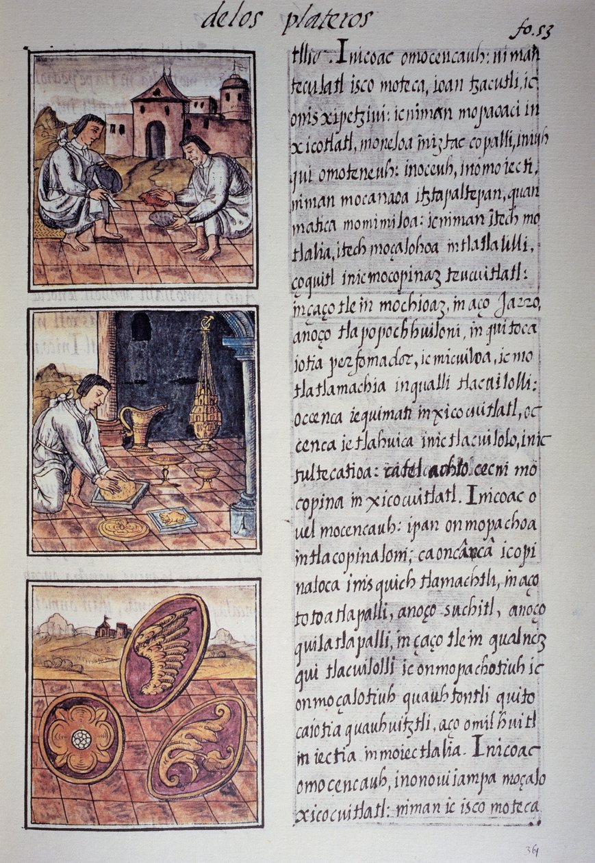Producción de vajilla y escudos, página del Códice Florentino, versión bilingüe en español y náhuatl, Historia General de las Cosas de la Nueva España, por el misionero español Fray Bernardino de Sahagún. Civilización azteca de Georg Carl Heinrich Dollmann