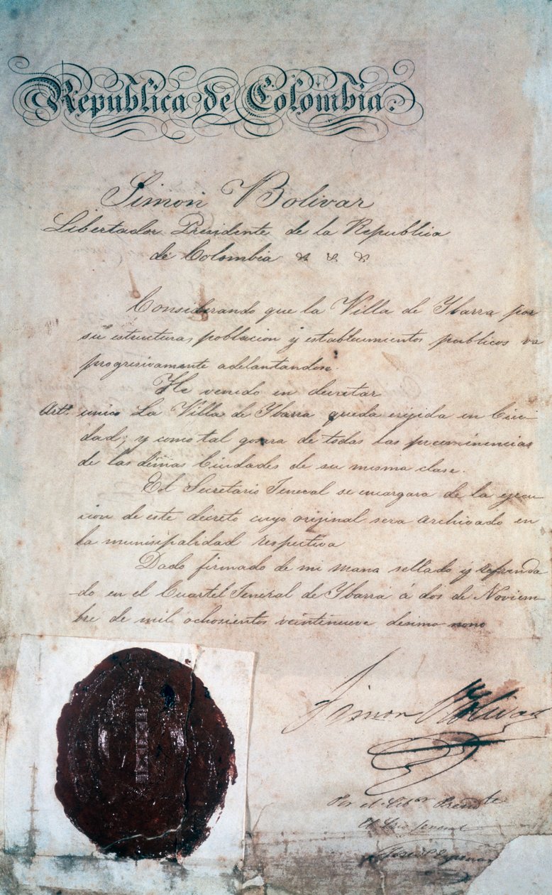 El acto por el cual Simón Bolívar declaró la ciudad de San Miguel de Ibarra, capital de la provincia circundante, en ese momento parte de la Gran Colombia (hoy Ecuador), 2 de noviembre de Georg Carl Heinrich Dollmann