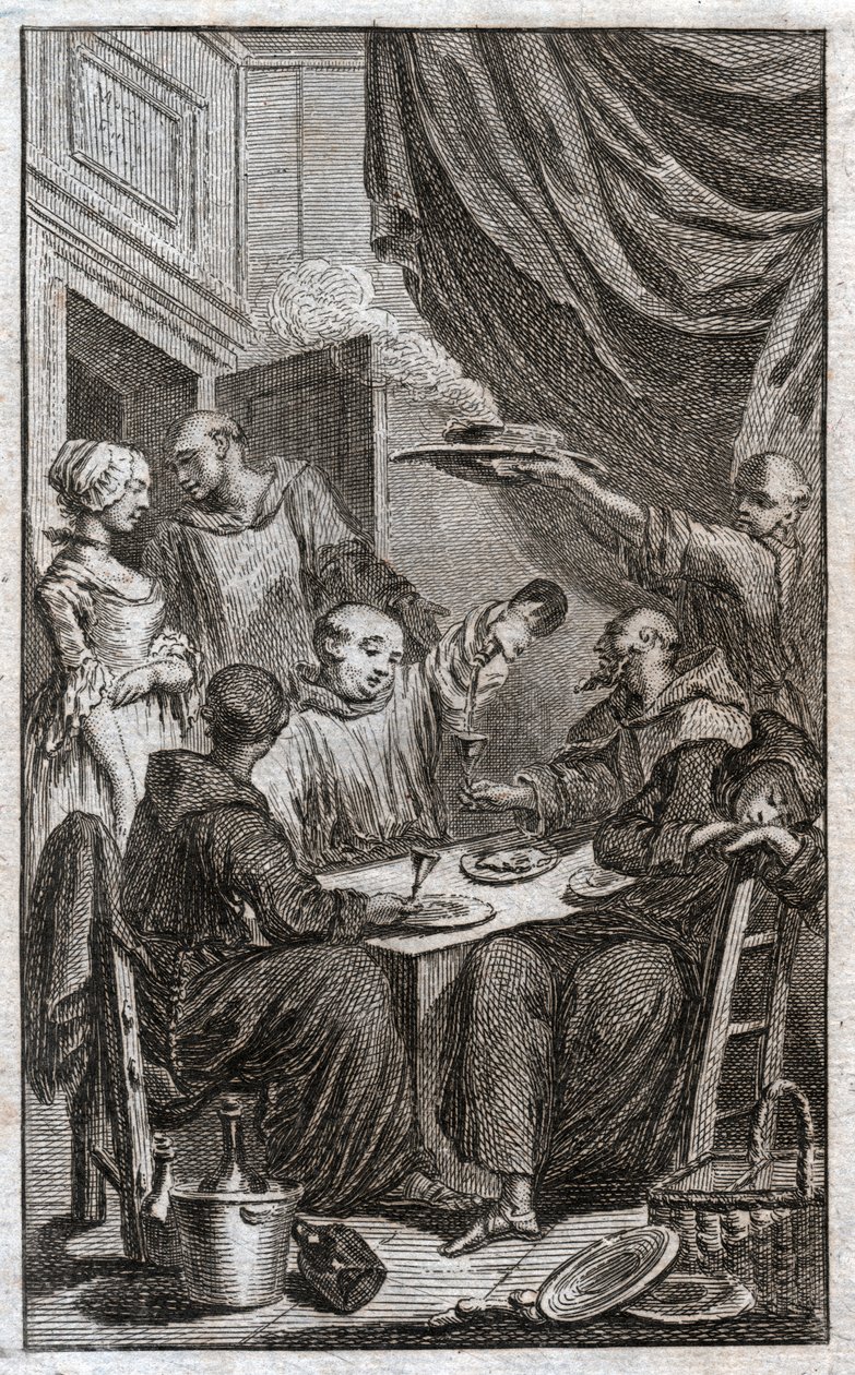 La fiesta de los monjes violando las reglas monásticas. Beben vino, cortejan a las doncellas. Siglo XVIII (grabado) de . .