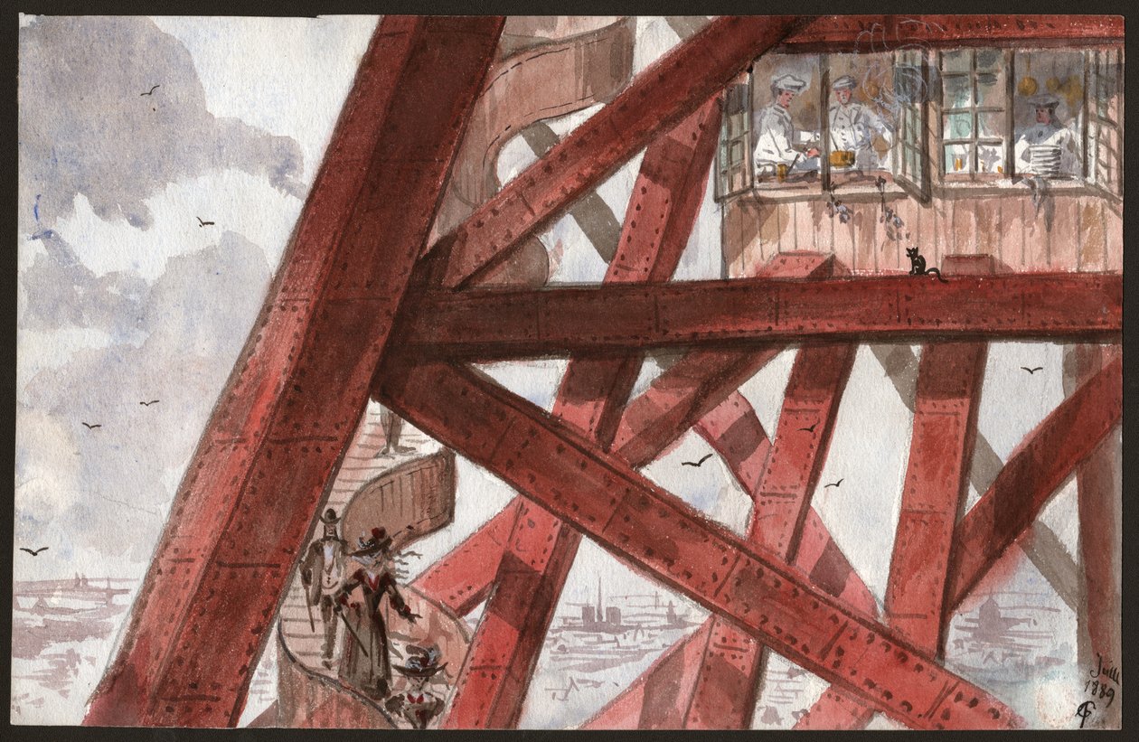 Turistas en las escaleras de la Torre Eiffel, París. Chefs cocinando en el restaurante del primer piso. 1889 (Ilustración) de . .