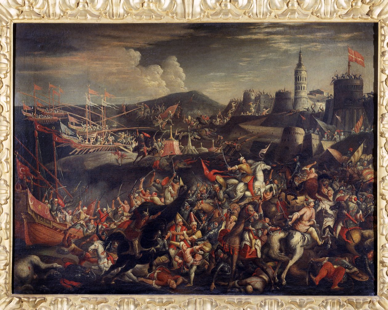 Ataque de los sarracenos en la isla de Malta, defendida por los Caballeros Hospitalarios en 1565 de Italian School