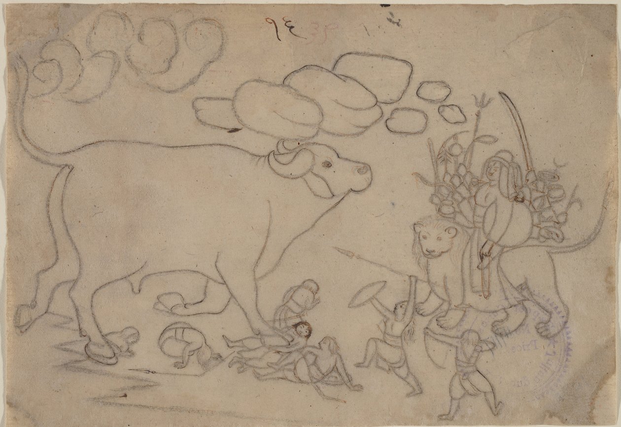 Durga confronta al demonio búfalo Mahisha: Escena del Devi Mahatmya, ca. 1780 de a first generation master after Nainsukh