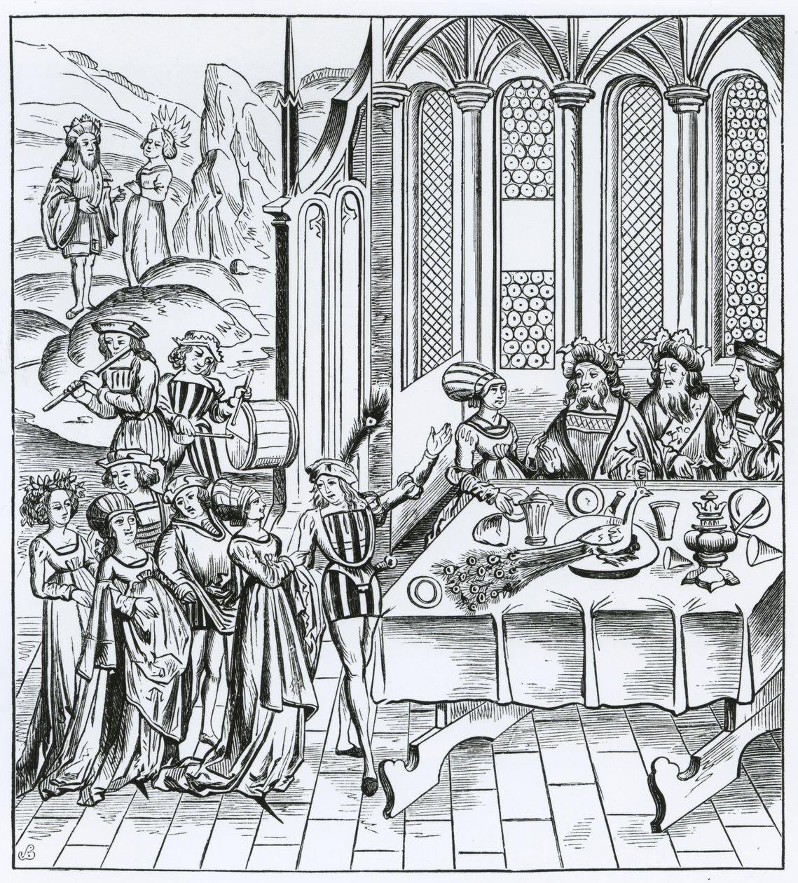 Banquete de Estado - sirviendo el pavo real, después de un grabado en una edición de Virgilio, publicado en Lyon, 1517 de French School