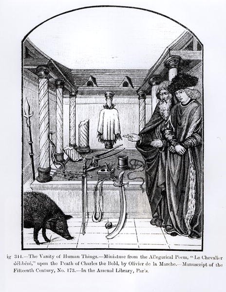 La vanidad de las cosas humanas, de Le Chevalier delibere, un poema alegórico de Olivier de la Marche sobre la muerte de Carlos el Temerario (1433-77) ilustración de Ciencia y Literatura en la Edad Media de French School