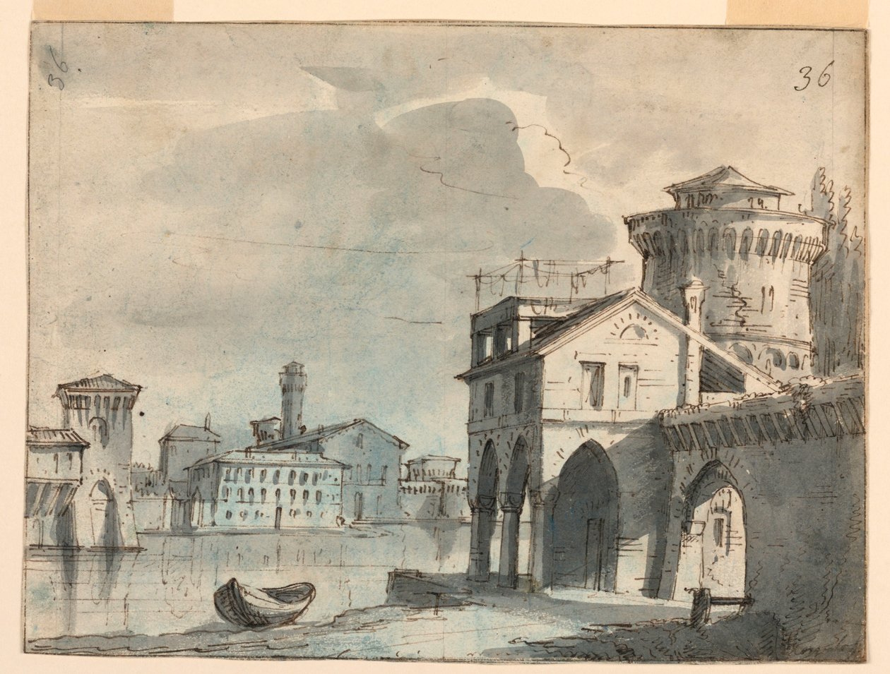 Diseño de escenario, Edificios en Riverside de after Alessandro Sanquirico