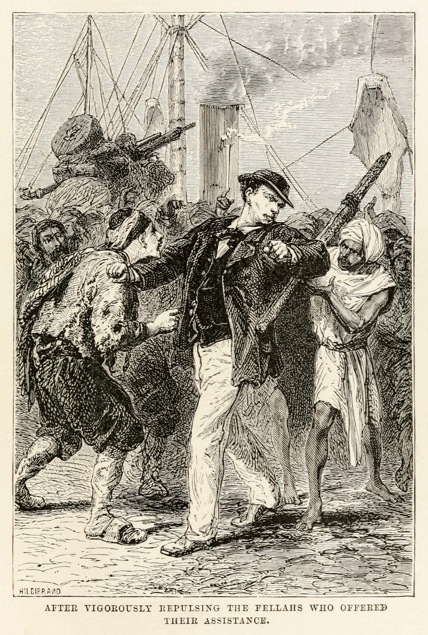 Después de rechazar vigorosamente a los fellahs que ofrecieron su ayuda, de La vuelta al mundo en ochenta días de Julio Verne de after Alphonse Marie de Neuville