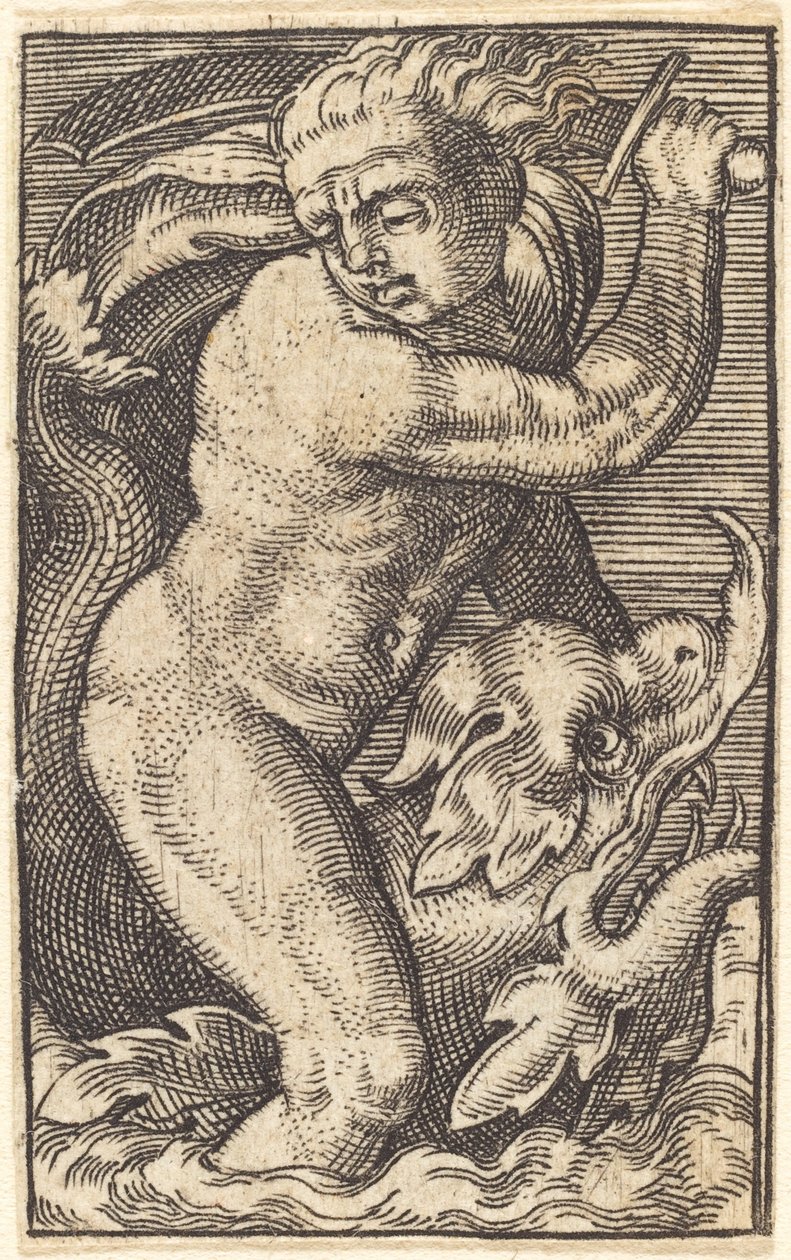 Copia invertida de "Dios del mar a la izquierda montando un delfín" de after Barthel Beham