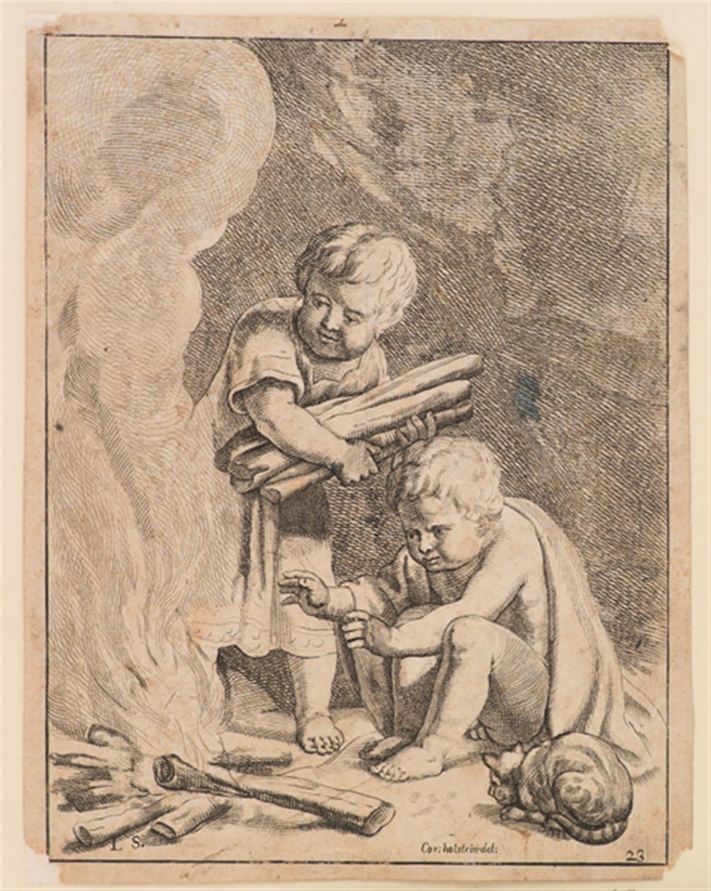 Dos niños haciendo fuego de after Cornelis Holsteyn