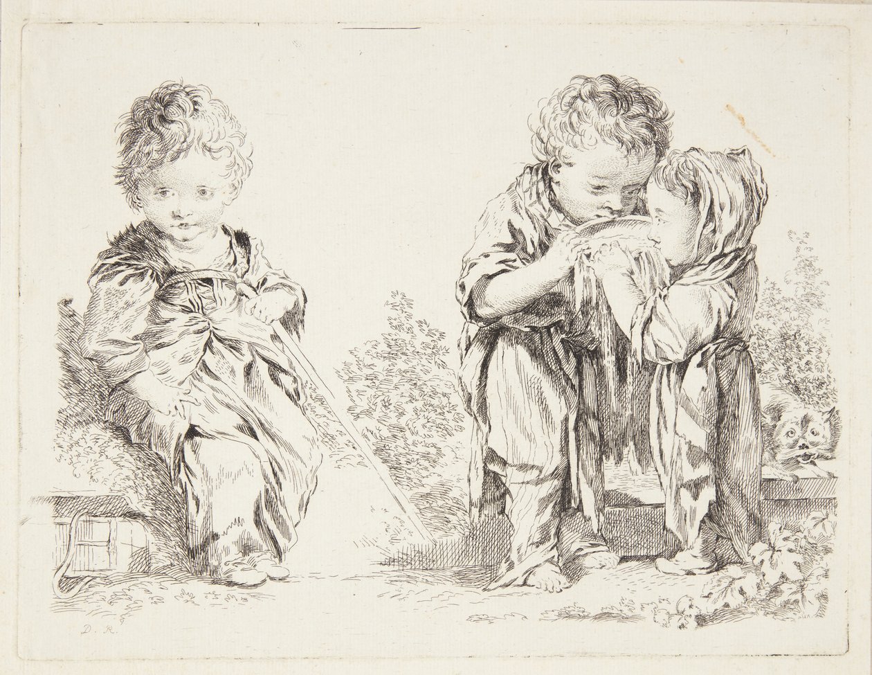 Niño sentado en un terrón de tierra y Los pequeños bebedores de leche de after Francois Boucher