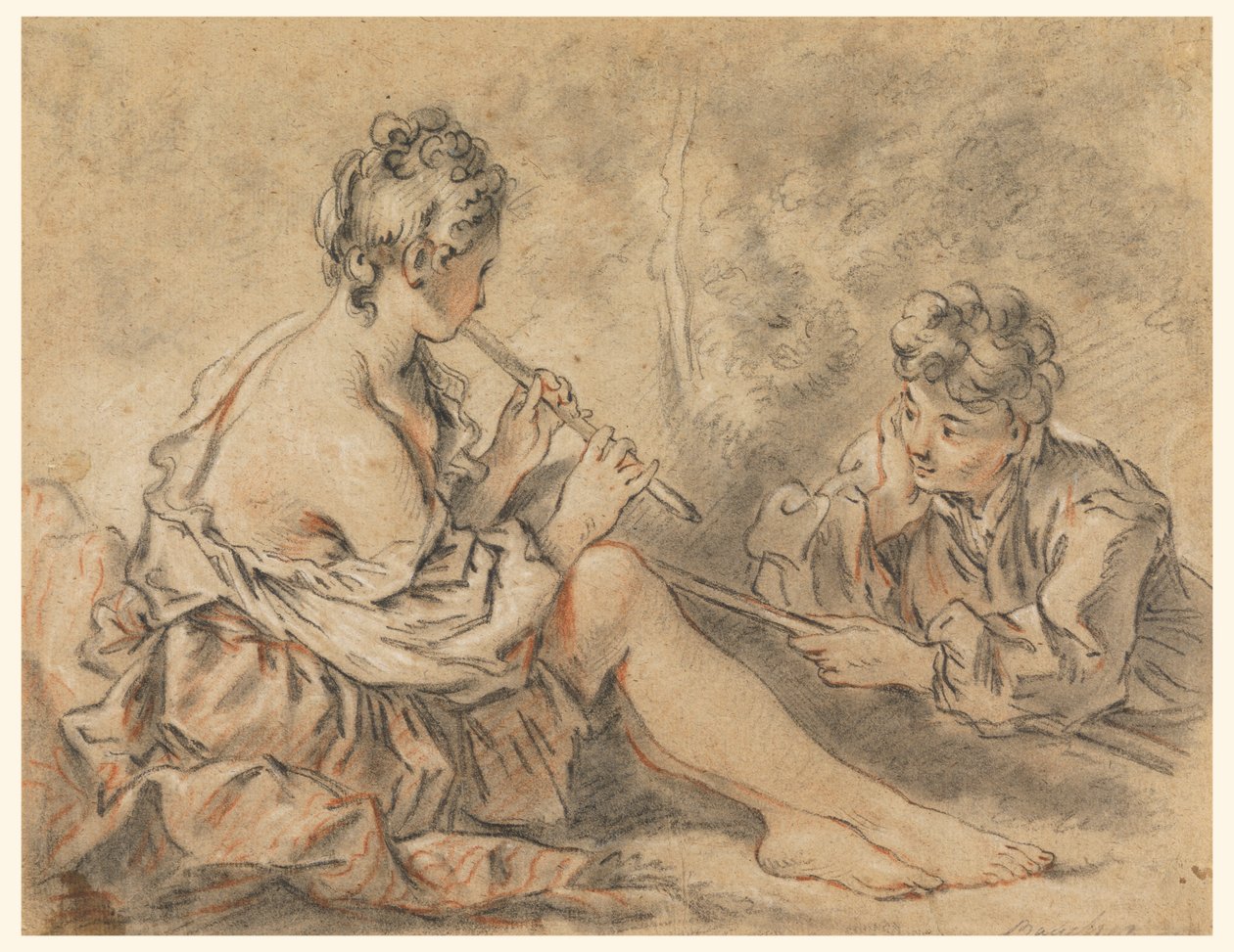 Pastora tocando la flauta a un pastor de after Francois Boucher