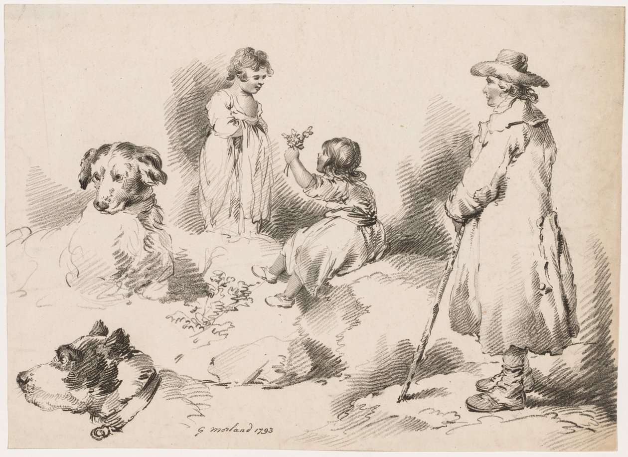 Estudios de niños (dos niñas pequeñas); dos perros; un hombre de after George Morland