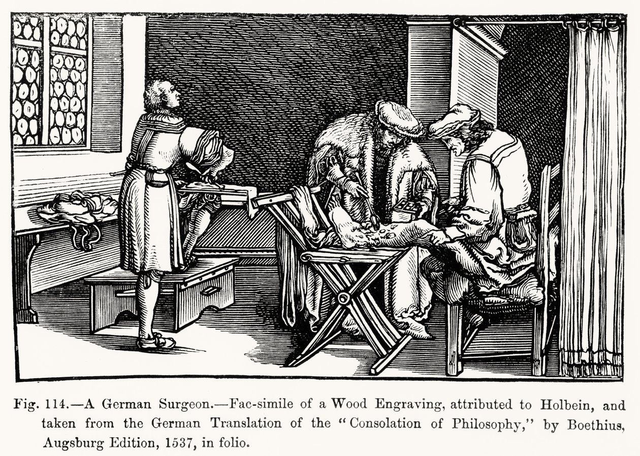 Un cirujano alemán, de Consolación de la Filosofía por Boecio, ilustración de Ciencia y Literatura en la Edad Media y el Renacimiento, escrito y grabado por Paul Lacroix, 1878 de after German School