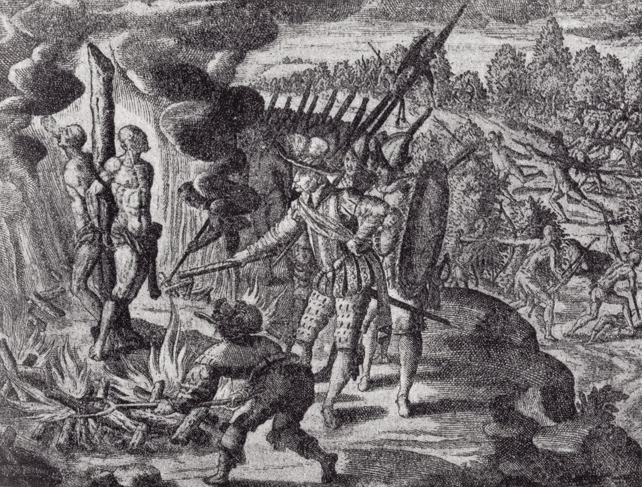 La venganza de los españoles por la muerte de Ayolas, de Historia Antipodum de Gottfried, pub. en 1655, de El Romance del Río de la Plata, Vol. I, por W. H. Koebel, 1914 de after German School
