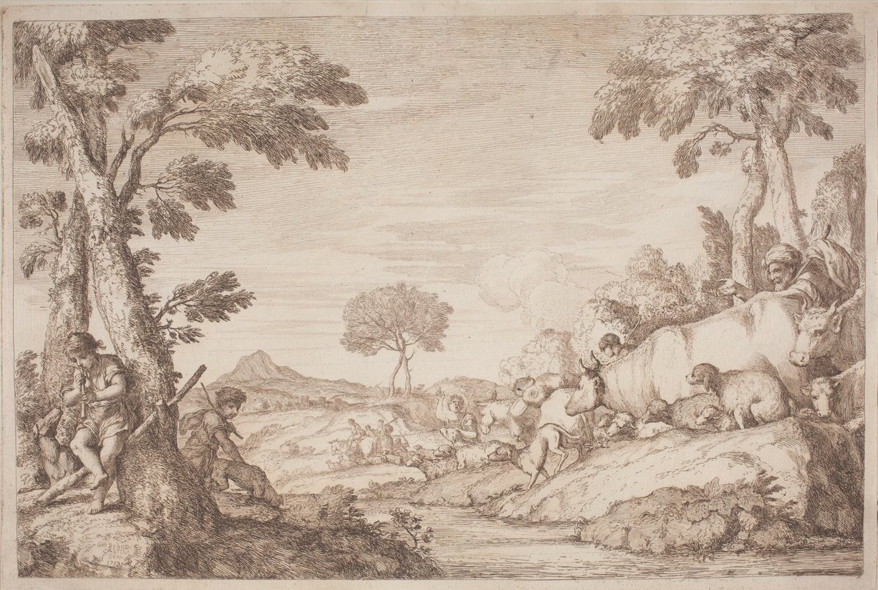 Un viaje pastoral con un niño tocando su flauta junto a un árbol de after Giovanni Benedetto Castiglione Gaetano Zompini