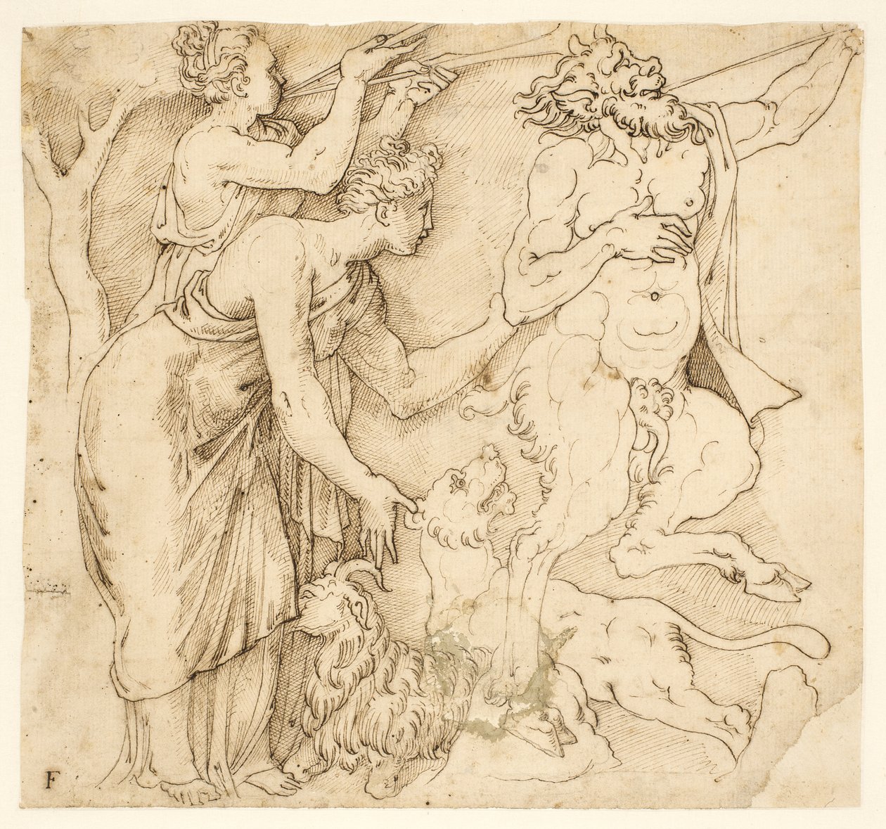 Un sátiro, dos mujeres, un león y una cabra de after Giulio Romano