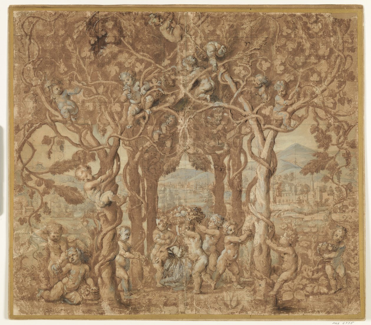 Putti cosechando vino y jugando con una cabra de after Giulio Romano