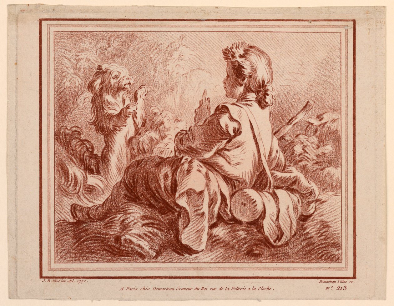 Pastor Sentado Jugando con un Perro de after Jean Baptiste Huet