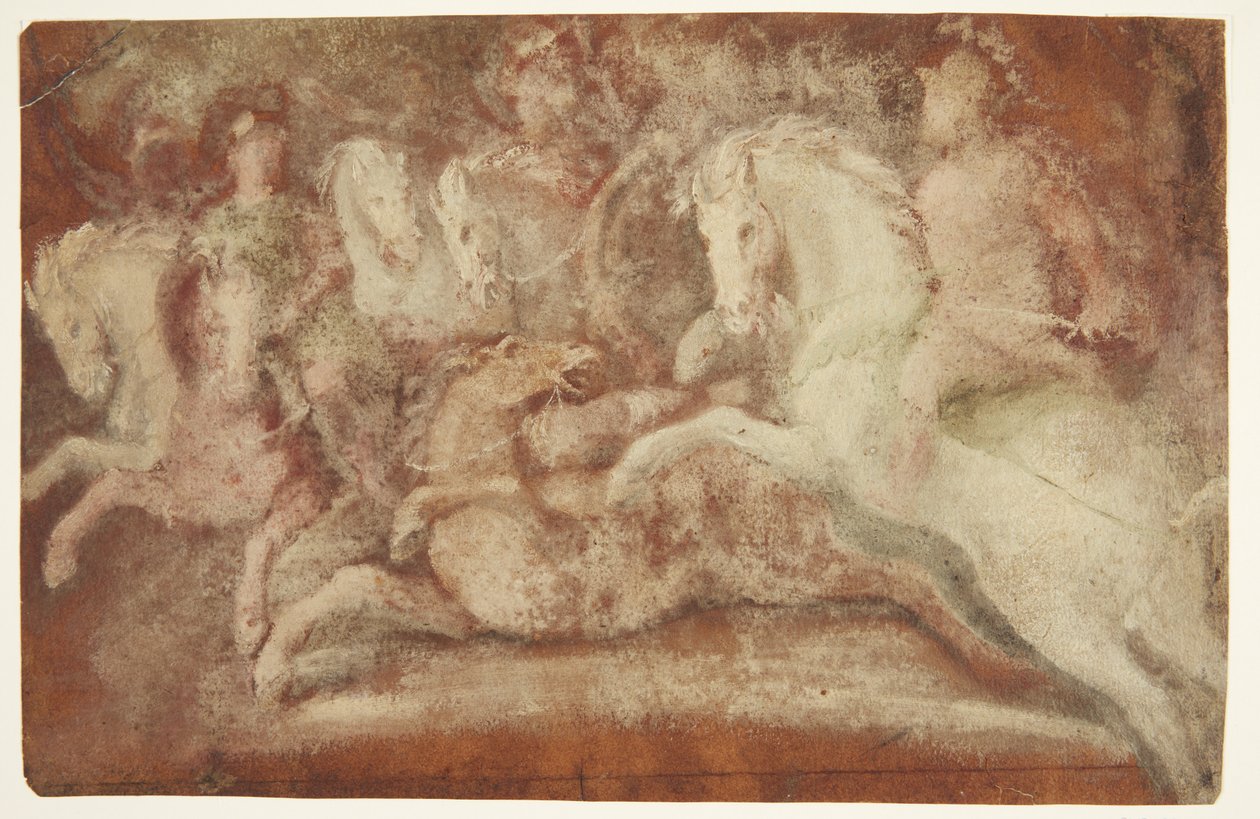 Escena de batalla con caballos y dos jinetes de after Lambert van Haven