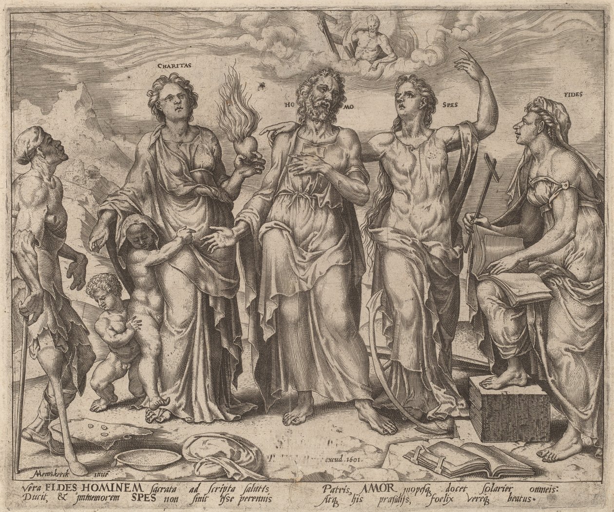 Hombre asistido por Fe, Esperanza y Caridad de after Maerten van Heemskerck