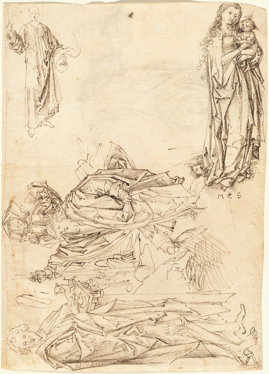 San Cristóbal, San Juan Bautista, la Virgen y el Niño, y Cristo Bendiciendo (recto) de after Martin Schongauer Master of the Drapery Studies