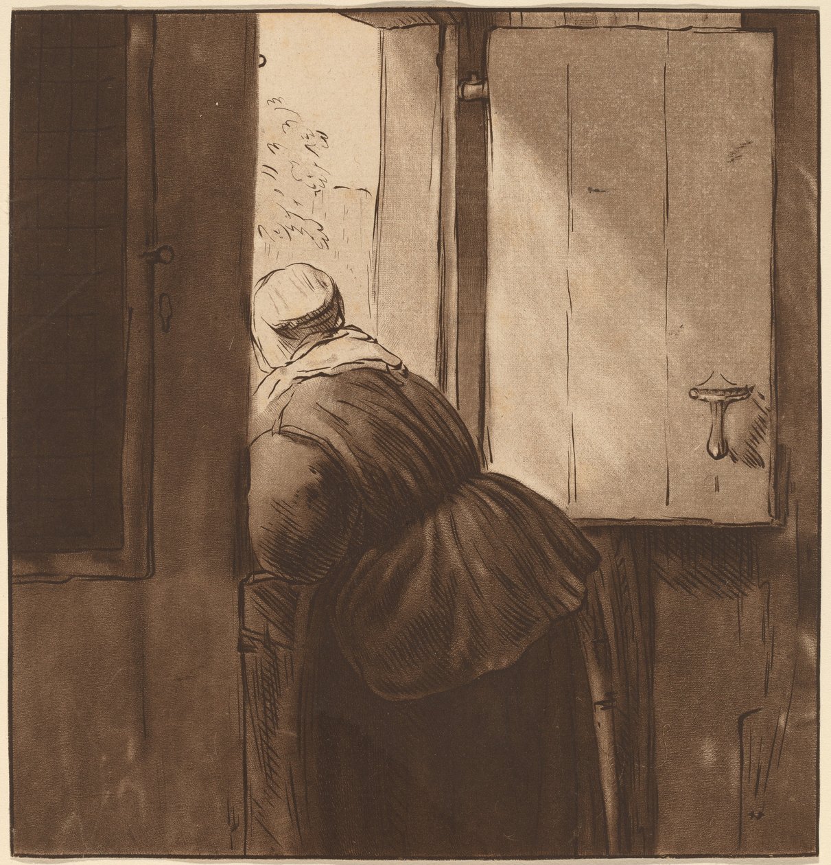Mujer inclinada sobre una puerta baja de after Nicolaes Maes Cornelis Ploos van Amstel