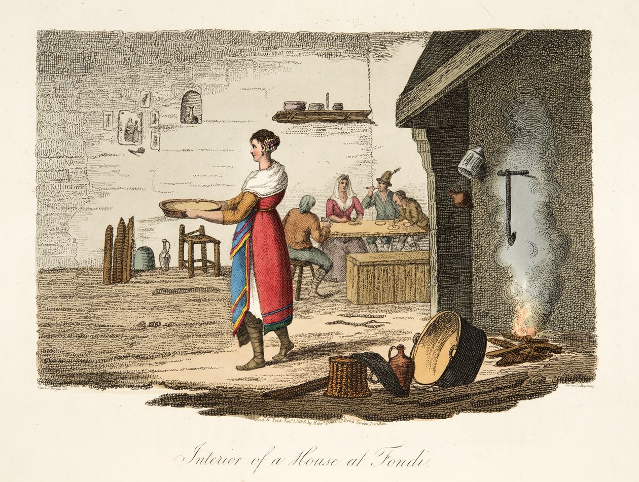Interior de una casa en Fondi, de Escenarios Italianos, representando las costumbres y diversiones de los diferentes estados de Italia, pub. 1806 de after P. van Lerberghi