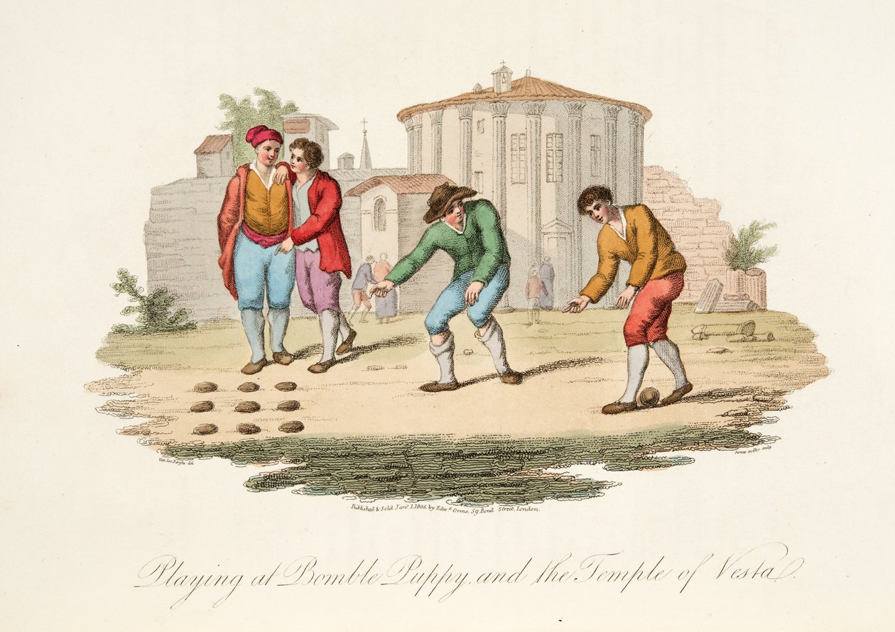 Jugando a Bomble Puppy y el Templo de Vest, de Escenarios Italianos, representando las costumbres y diversiones de los diferentes estados de Italia, pub. 1806 de after P. van Lerberghi