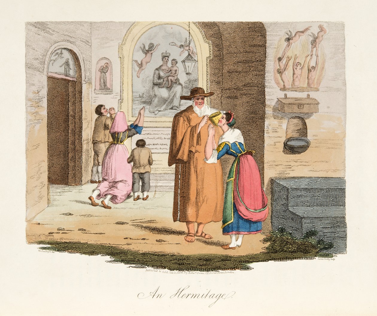 El ermitaño de Capua, de Escenarios Italianos, representando las costumbres y diversiones de los diferentes estados de Italia, pub. 1806 de after P. van Lerberghi