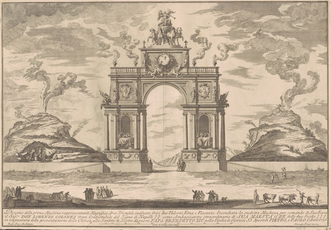La Prima Macchina para la Chinea de 1756: Un Arco Triunfal entre el Monte Etna y el Monte Vesubio de after Paolo Posi Giuseppe Pozzi