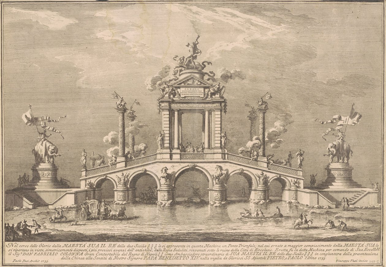 La Prima Macchina para la Chinea de 1755: Un puente triunfal con antigüedades de Herculano de after Paolo Posi Giuseppe Vasi