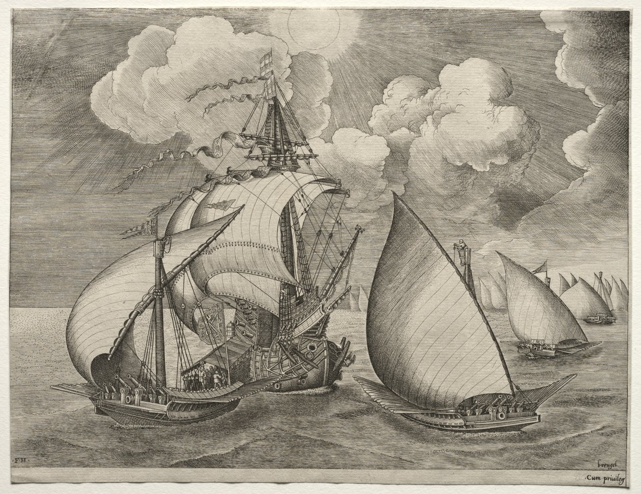 Sailing Vessels: A Fleet of Galleys Escorted by a Caravel de after Pieter Bruegel