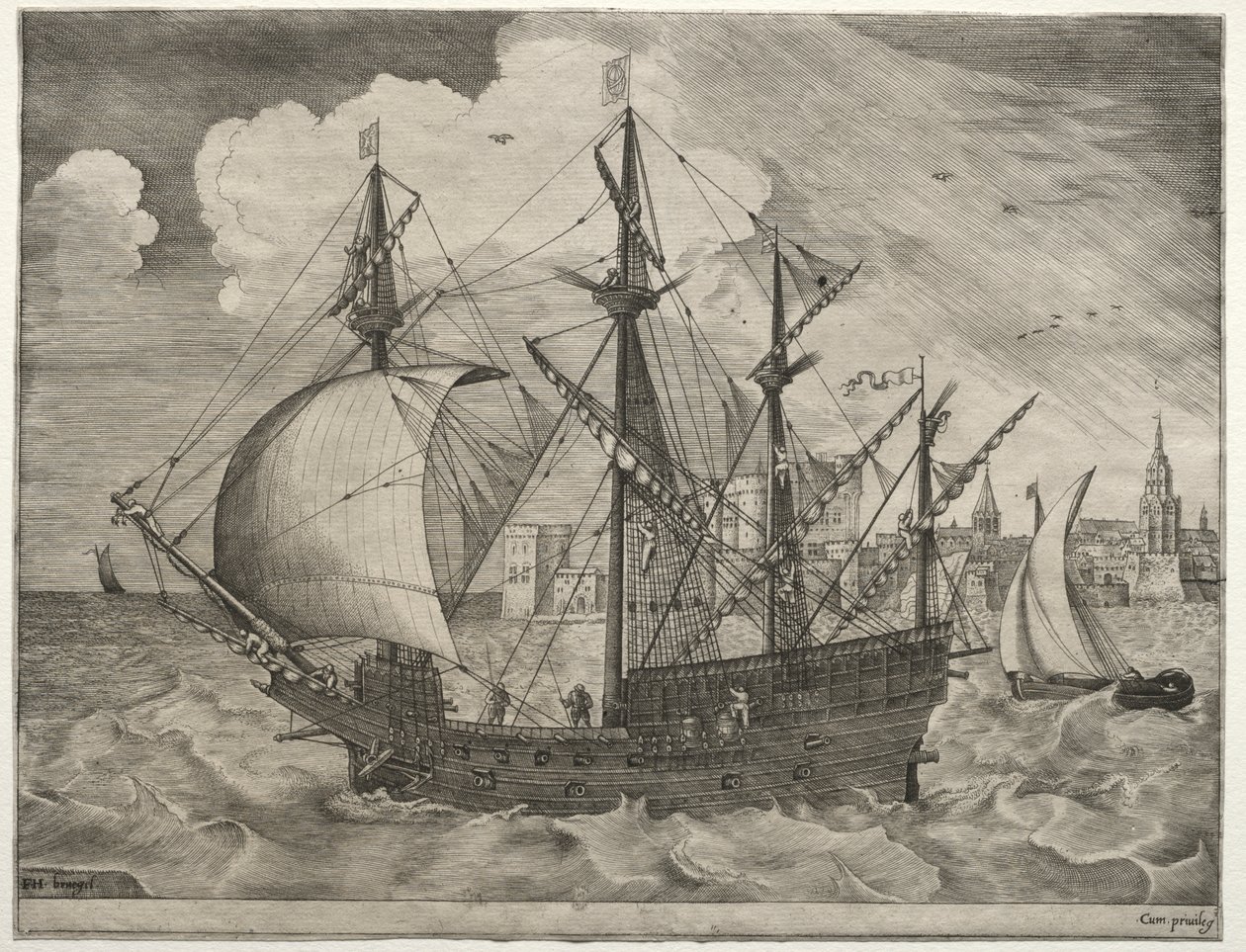 Sailing Vessels: Armed Four-Master Putting Out to Sea de after Pieter Bruegel
