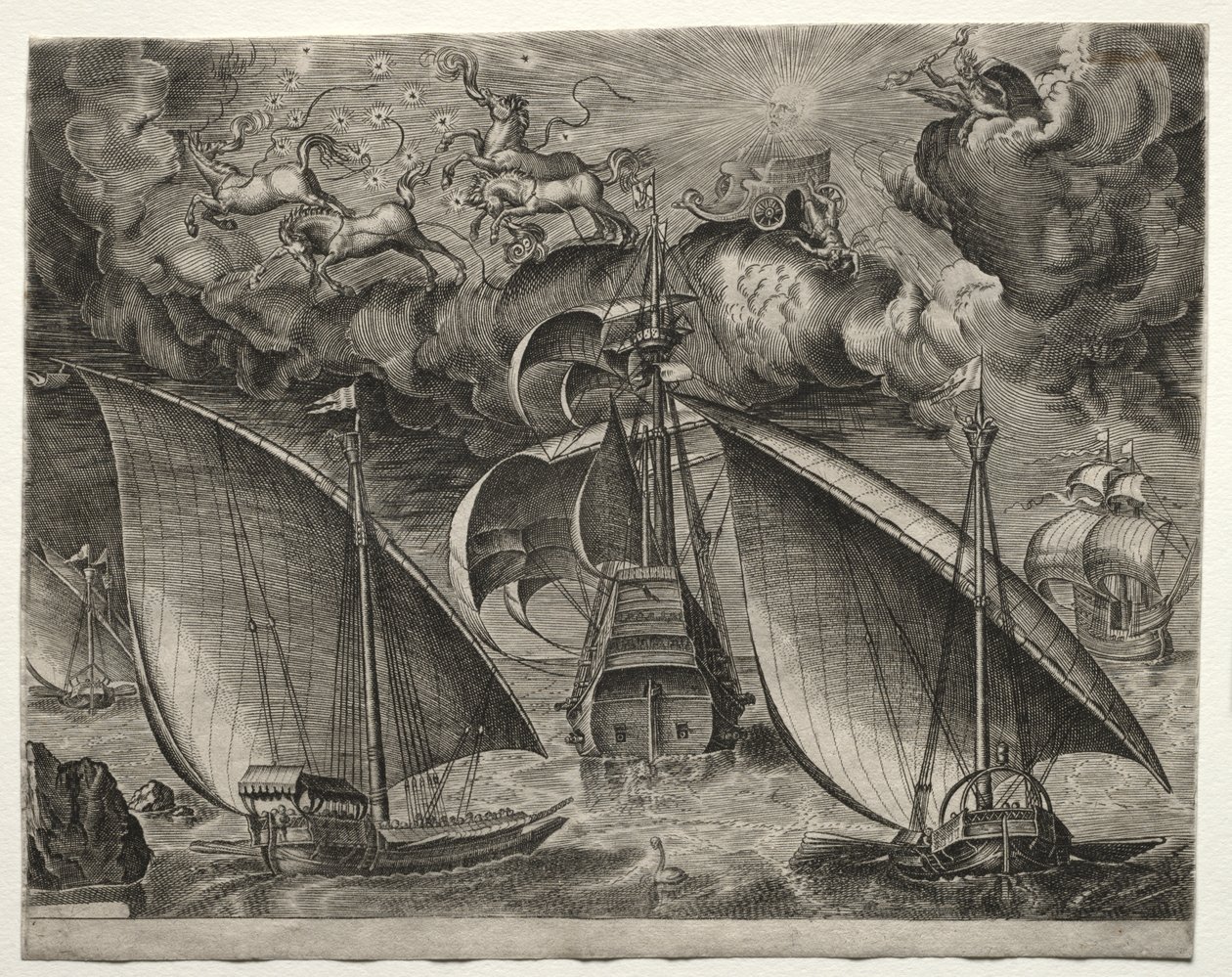 Sailing Vessels: Two Galleys Sailing Behind an Armed Three-Master with Phaeton and Jupiter in the Sky de after Pieter Bruegel