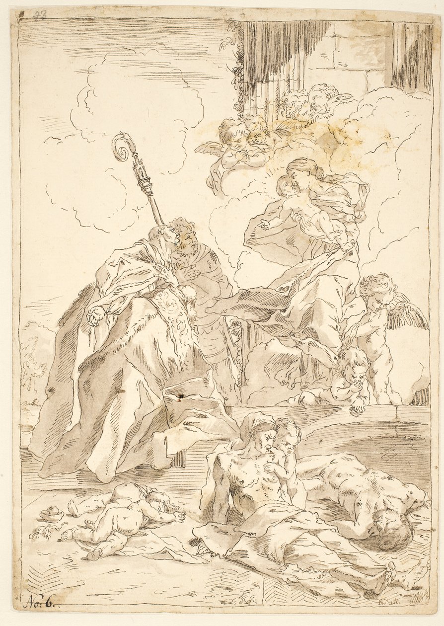 La Virgen y el Niño apareciendo a dos santos varones durante un brote de peste de after Pietro Testa