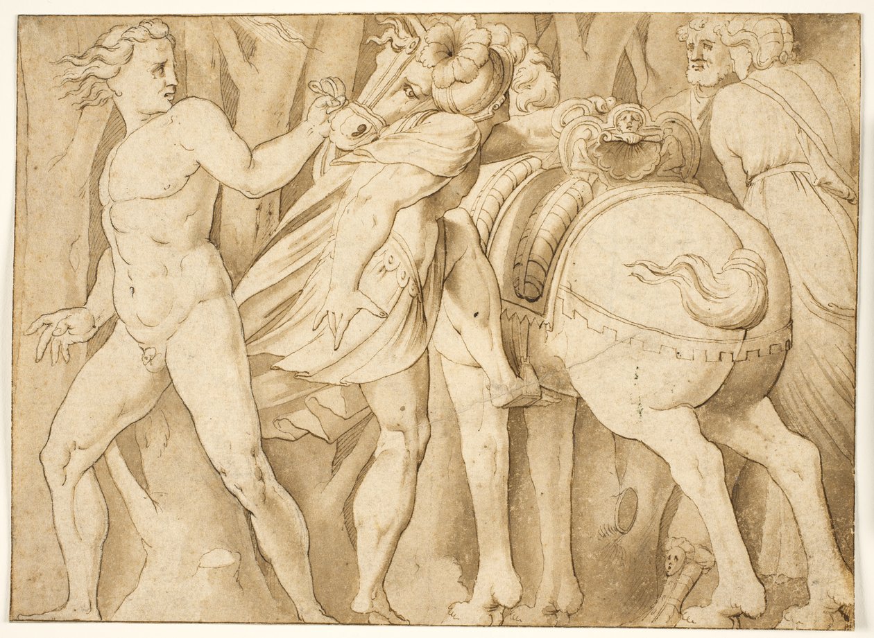 Escena de la historia romana? Un hombre montando un caballo sostenido por un hombre desnudo de after Polidoro da Caravaggio
