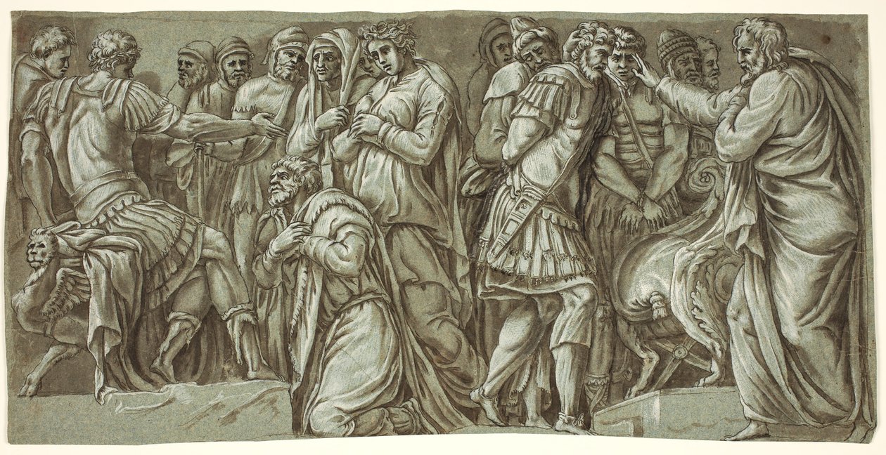 La familia de Darío ante Alejandro y una escena con prisioneros; de la fachada del Palazzo Milesi de after Polidoro da Caravaggio