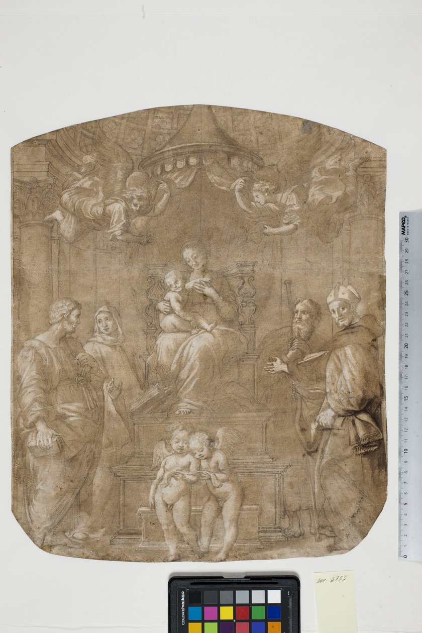 Madonna y el Niño con los santos Pedro, Bernardo (o Bruno), Santiago, Agustín y cuatro ángeles, Madonna del Baldacchino de after Raphael